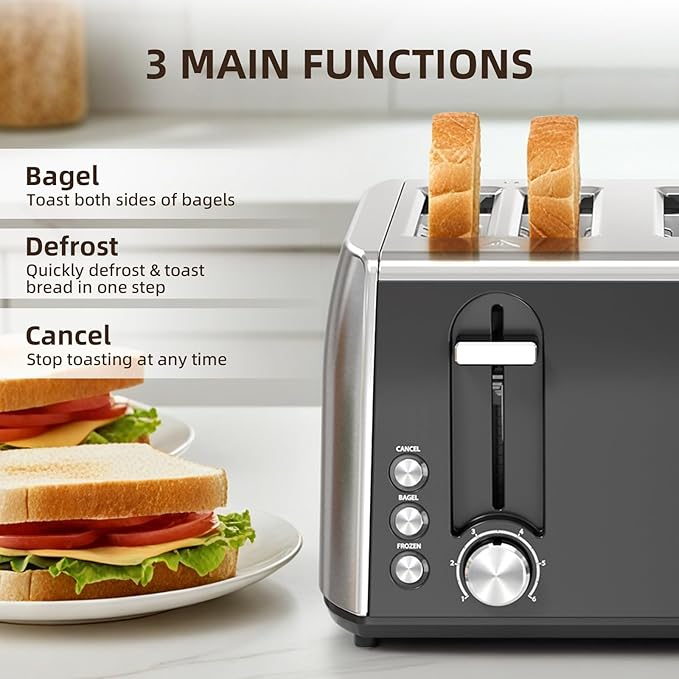 4 Slice Toaster 6 Browning Settings Removable Crumb Tray Stainless Steel Bread Toaster for Bagels Muffins Waffles Defrost Cancel Button 120V 1800W