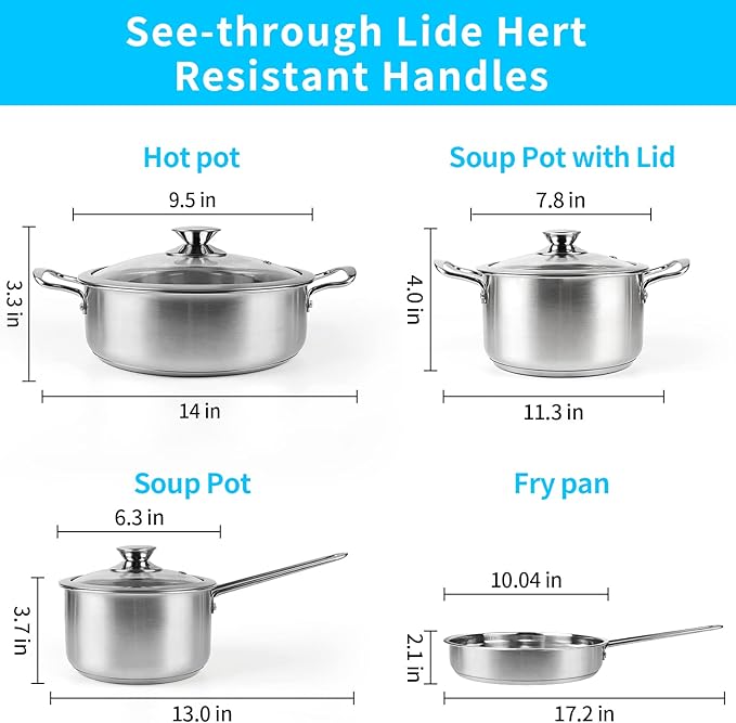 Stainless Steel Pots and Pans Set 7-Piece Kitchen Cookware Sets with Glass Lids Stay-Cool Handle Oven Safe Works with Induction/Electric and Gas Cooktops Dishwasher