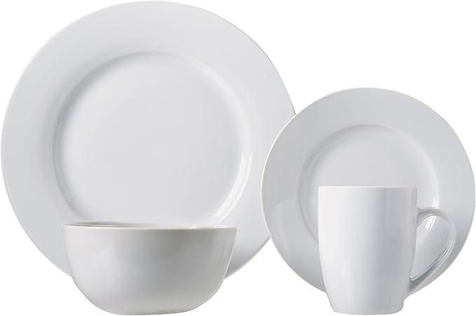 Amazon Basics 16-Piece Porcelain Dinnerware Set Microwave and Dishwasher Safe Service for 4 Plates Bowls and Mugs White
