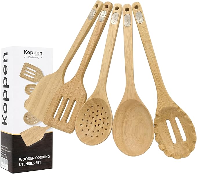 Koppen Rubber Wood Kitchen Utensils Set Durable Wooden Cooking Spoon and Spatula Ladle for Nonstick Cookware Non Toxic Heat Resistant Smooth Grip Modern Elegant Design for Everyday (5 Piece Set)