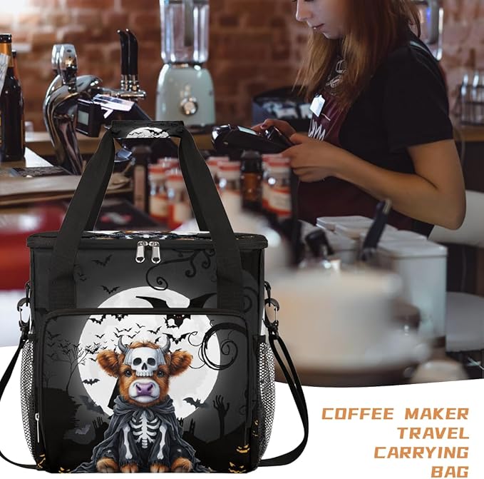 Halloween Mountain Cow Bat Moon Coffee Maker Carring Bag Travel Carrying Storage Tote Bag Compatible with Keurig K-Mini or K-Mini Plus Portable Single Serve Coffee Brewer Case with Pockets