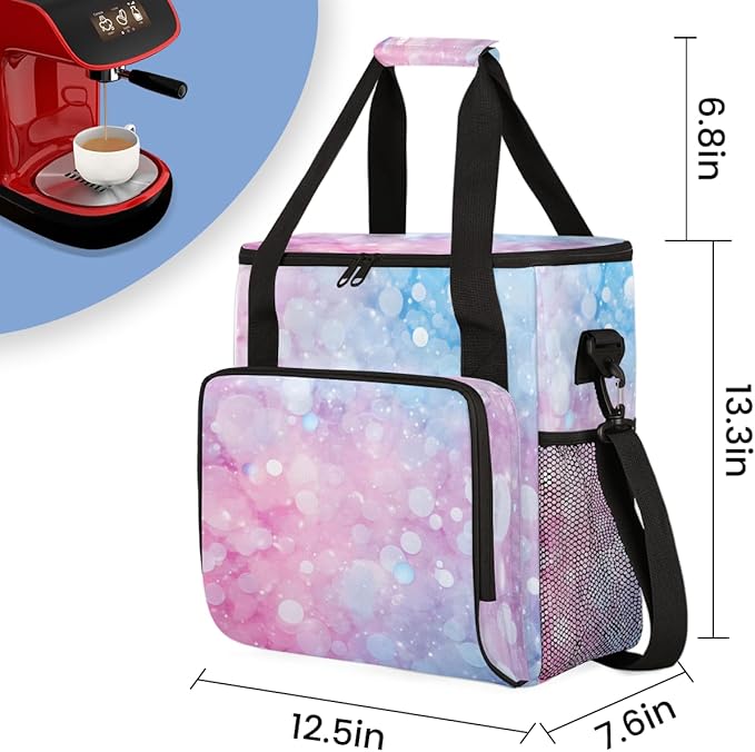 Pink Blue Glitter Coffee Maker Carrying Bag Portable Travel Storage Tote Bag Compatible with K-Mini or K-Mini Plus Single Serve Coffee Brewer Carrying Case with Multiple Pockets &amp Shoulder Strap
