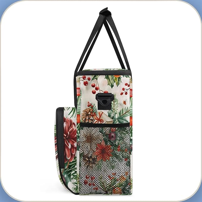 Flowers Leaves Berries Branches Christmas Coffee Maker Carring Bag Large Insulated Storage Organizer Case Tote Bags with Shoulder Strap for Travel Work Picnic