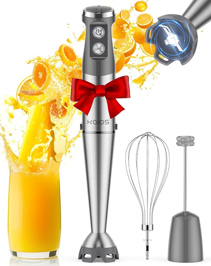 KOIOS Immersion Blender 1000W Anti-scratch 3-in-1 Hand Blender Upgraded 12 Speed Stainless Steel Blade Stick Blenders with Turbo Mode Whisk and Milk Frother Non-BPA