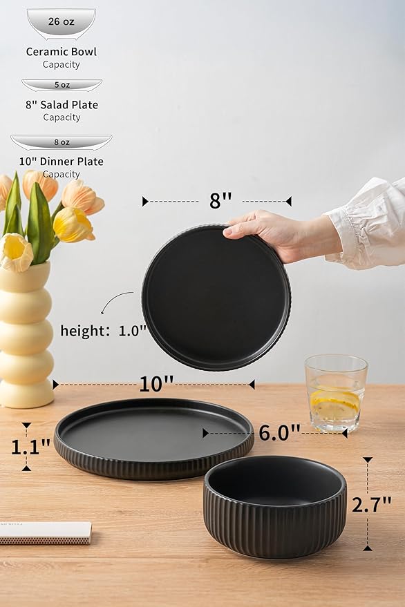 Dinnerware Sets for 4Microwave Safe Plates and Bowls Sets12 Piece Dylan Dish SetReactive Glaze Stoneware Dinnerware Set (Matte Reactive Dark Night Service for 4 (12pcs))