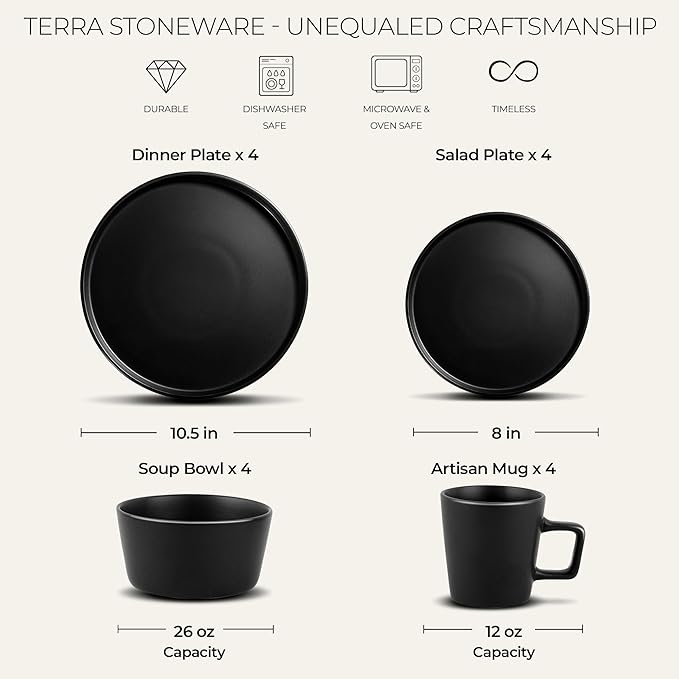 Zulay Kitchen Terra Plates and Bowls Sets 16 Piece Modern Stoneware Dish Set for 4 Chip and Scratch Resistant Ceramic Dinnerware Set Microwave and Dishwasher Safe Matte Black