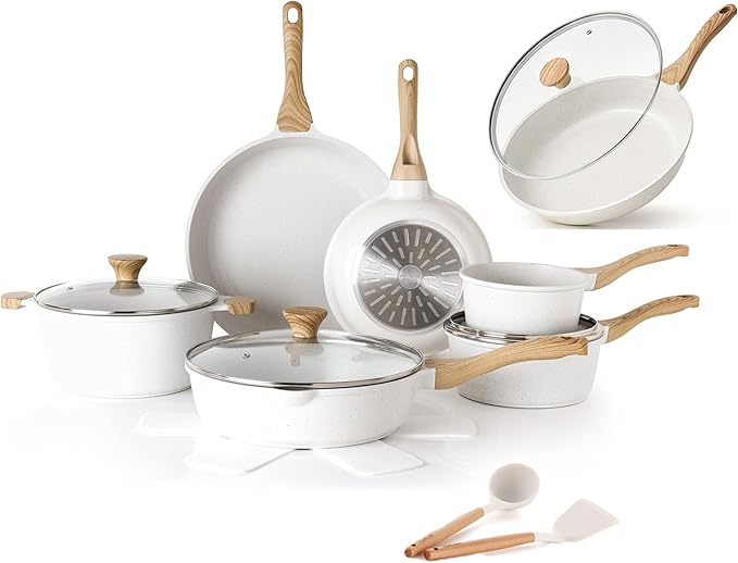 SENSARTE Ceramic Nonstick Cookware Set 17 Piece includes 11 Inch Omelet Pan with Lid Induction Compatible Frying Pan Skillet