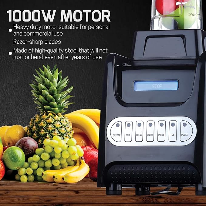 OVENTE Kitchen Countertop Blender with Dispenser Stainless Steel Blade &amp 1.5L BPA-Free Portable Easy Clean Jar 1000 Watt Base Powered Electric Mixer for Smoothie Protein Shakes Black BLH1000B