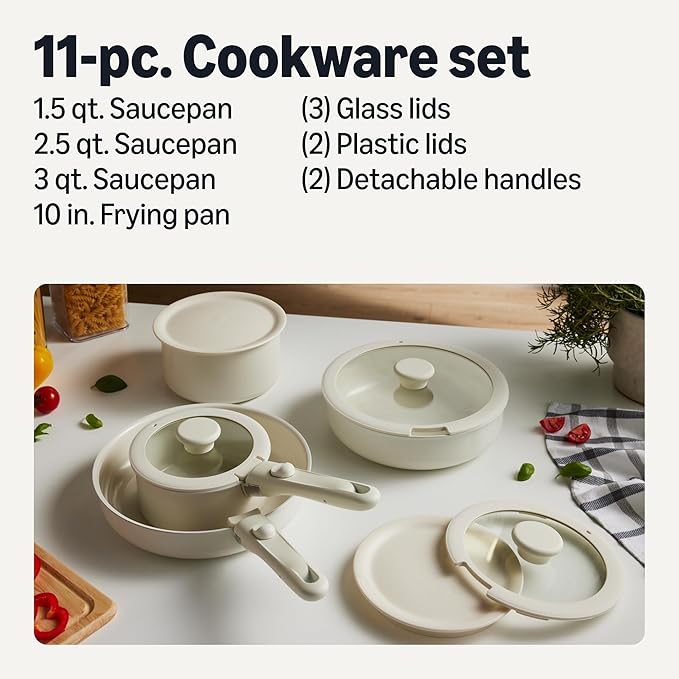 Amazon Basics Ceramic Nonstick Pots and Pans Set with Detachable handle 11-Piece Stackable set All Cooktop Friendly Includes Saucepan Frying pan Linen Gray.