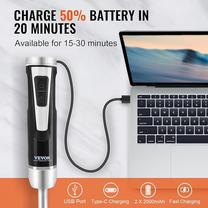 VEVOR Hand Blender 8 Variable Speeds Immersion Blender Stainless Steel Handheld Blender Powerful Motor Hand Mixer USB Charging Cable Multi-purpose Easy Control Grip Stick Mixer