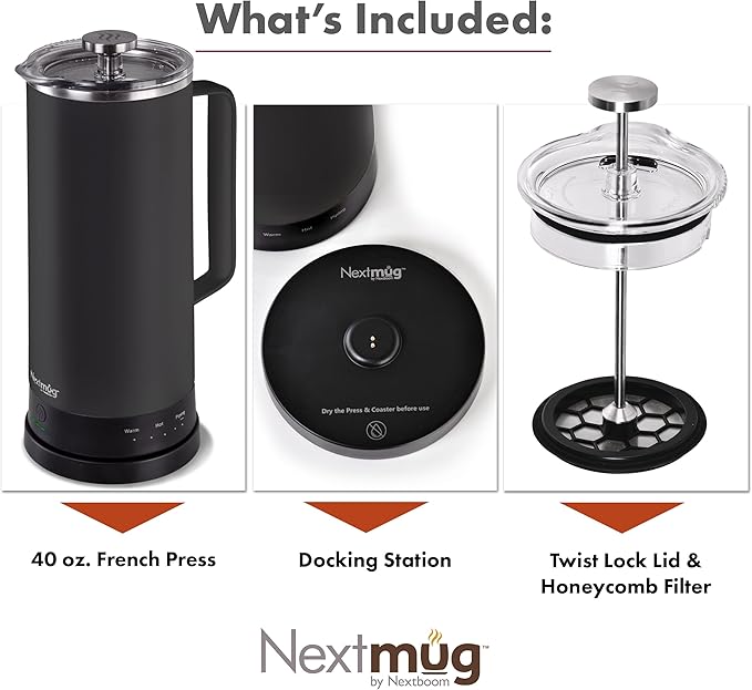 Nextmug Press - Temperature-Controlled Self-Heating French Press (Black - 40 oz.)