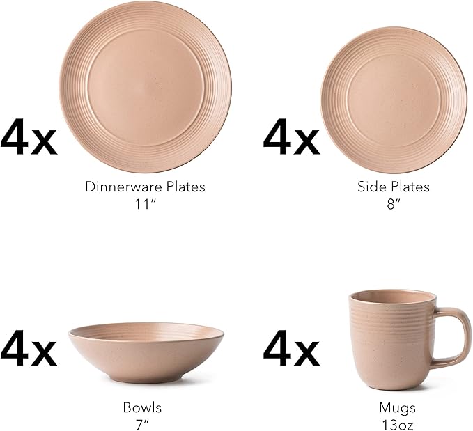 RINGAR Round Stoneware 16pc Dinnerware Set of 4 Dinner Plates Side Plates Cereal Bowls Mugs - Speckle Matte Coral (416867)