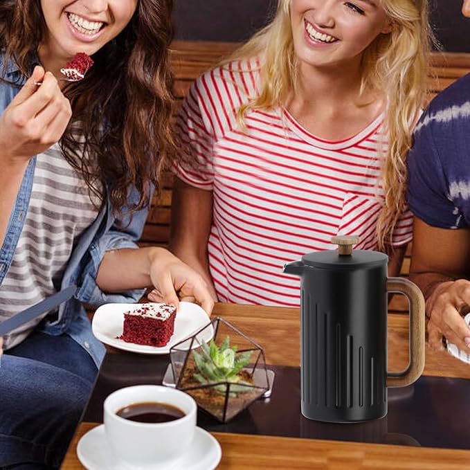 Rorence 34oz French Press Coffee Maker Coffee Press with Real Wood Handle &amp Plunger Head Double Wall Insulation &amp Dual-Filter Screen incl. replaced filters &amp instructions Black
