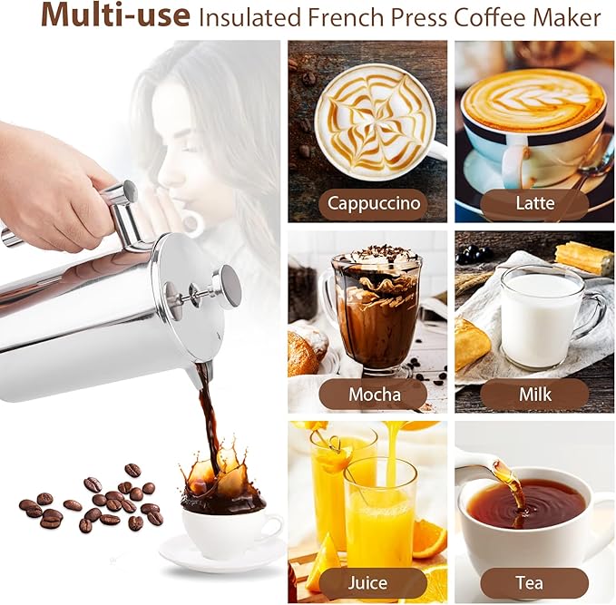 34oz French Press Coffee Maker 1000ml Stainless Steel Double Insulated Cafetiere 8 Cup Espresso Coffee Press Portable Coffee Plunger Pot for Home Office Camping