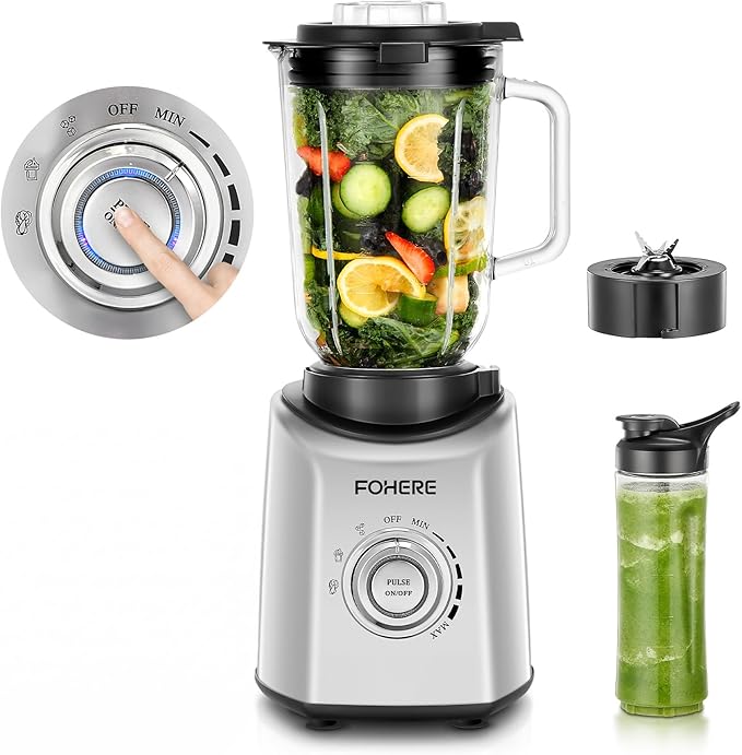 FOHERE Professional Blender Peak 1300W Countertop Blender with 3 Presets＆ 5 Speeds for Smoothies Shakes and Frozen Drinks 50 Oz Glass Jar ＆20 Oz Tritan Jug