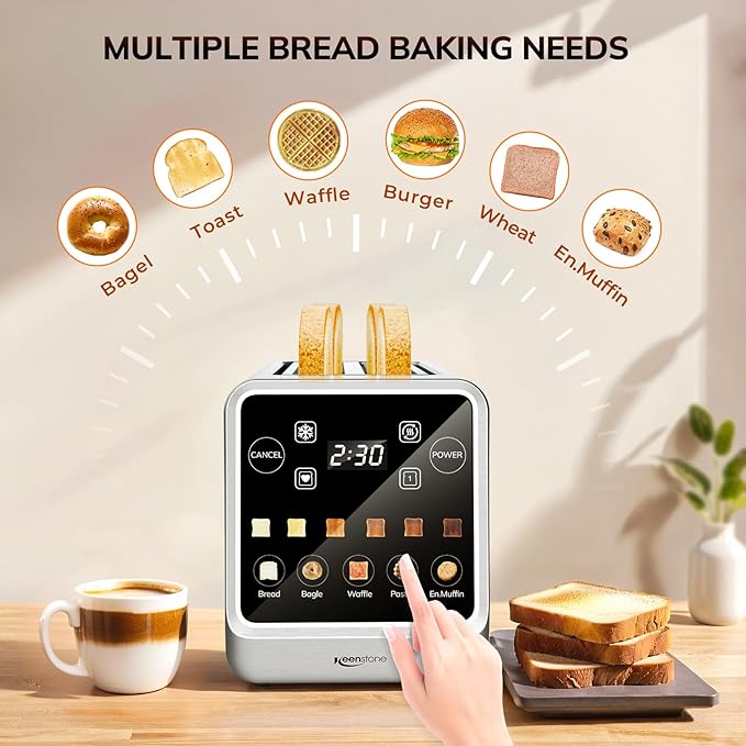 Keenstone Toaster 4 Slice Digital Smart Toaster with TouchScreen Memory Function Single Slot Toasting Timer Reheat &amp Defrost for Bagels Bread Waffles Muffin Stainless Steel Kitchen Essent