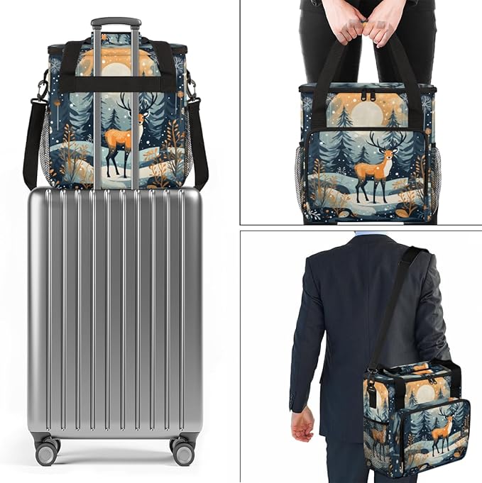 Winter Reindeer Coffee Maker Carrying Bag Christmas Elk Travel Storage Bag Compatible with K-Mini or K-Mini Plus Single Serve Coffee Brewer Carrying Case with Multiple Pockets &amp Shoulder Strap
