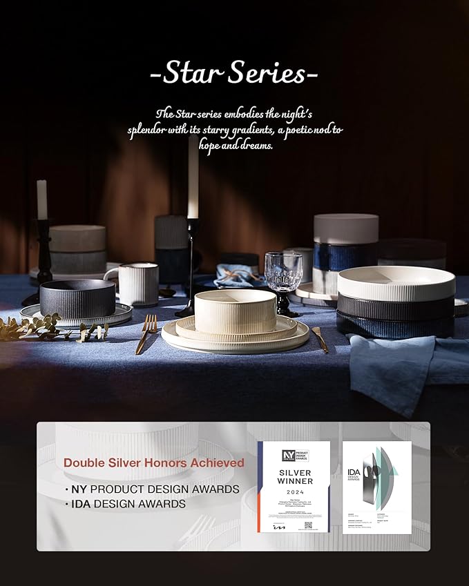 Famiware Star Dinnerware Set with Plates and Bowls Service for 4 (16-Piece) Stoneware Kitchen Dishes Dinner Sets - Matte White &amp Matte Dark Charcoal