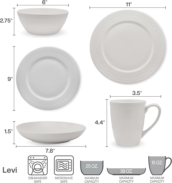 Mikasa Levi 40 Piece Bone China Dinnerware Set Embossed Plates Bowls Chip-Resistant Lightweight Elegant and Durable Service for 8 White
