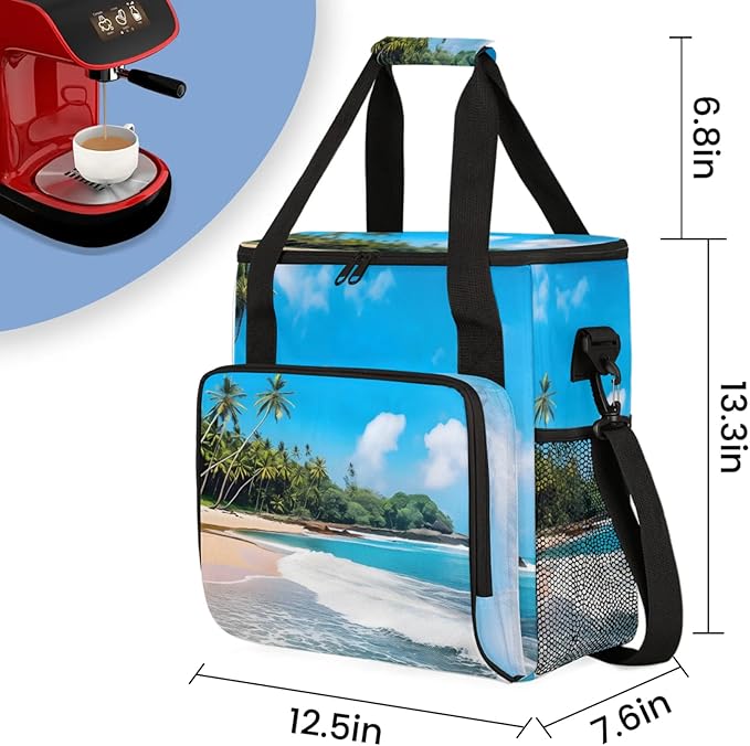 Summer Time Landscape Coffee Maker Travel Bag for Keurig K-Mini/K-Mini Plus Insulated Waterproof Tote with Pockets for K-Cup Portable Single-Serve Brewer Case
