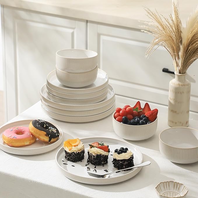 Frewinky Stoneware Dinnerware Sets for 412 Piece Kitchen Plates and Bowls SetReactive Glaze Porcelain Dinnerware Sets Scratch ResistantDishwasher and Microwave Safe Cappuccino White