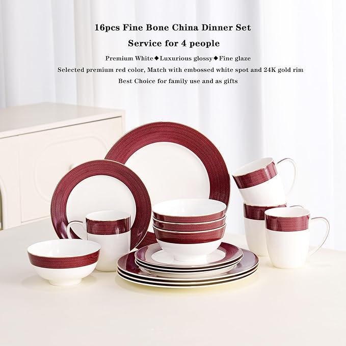 16-Piece Fine Bone China Dinnerware Set Dinner PlatesBowls and Mugs Set Dishware Set for 4 With Selected Christmas Premium Red and Green pattern White Embossed Spot Ornament and Gold Rim