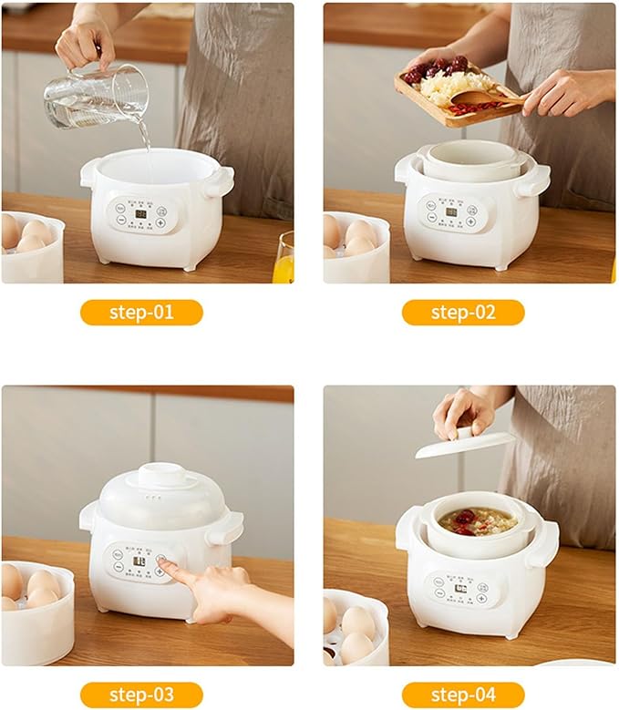 Mini Rice Cooker 1L 200W Mini Ceramic Liner Stew Cooker with Timing Function Slow Cookers with Lid Portable Travel Electric Stew Pot For Cooking Soup Rice Stews White (US