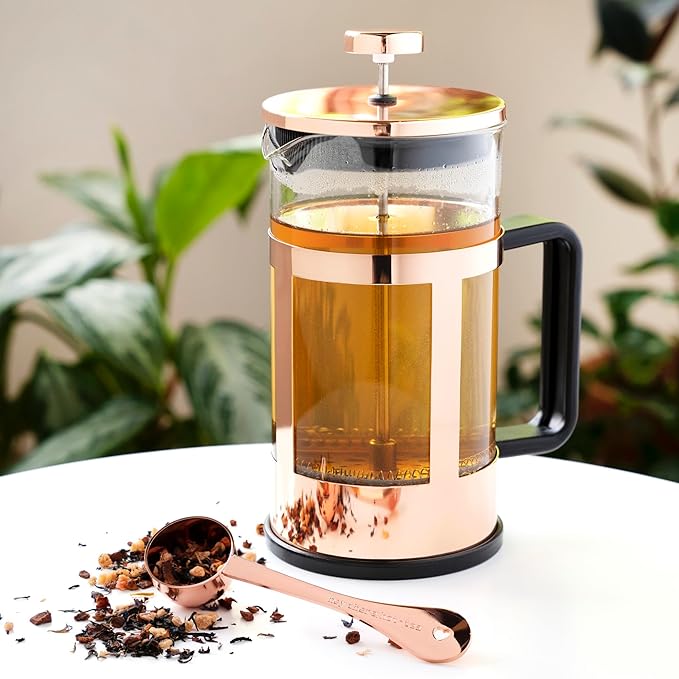 Pinky Up Piper Tea Press Pot Coffee Maker French Press for Loose Leaf Tea and Coffee Hot or Iced Beverage Brewer 34 oz Rose Gold