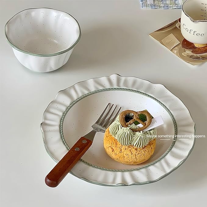 Ceramic Dinnerware Set White with Sesame Lace Design 2-Piece Set with 8.4-Inch Plate and 4.5-Inch Bowl