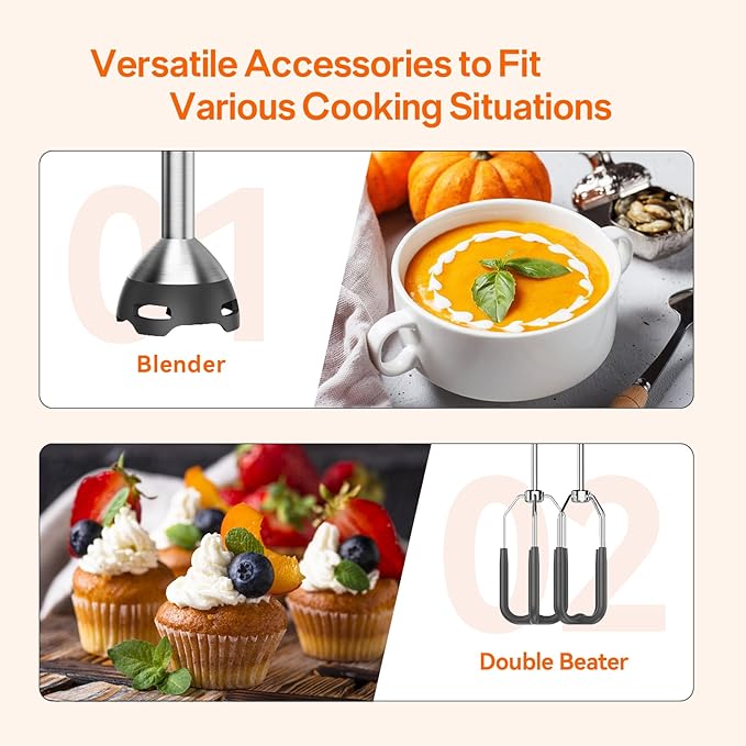 Anybear Immersion Blender 1100W 2-in-1 Hand Held Blender with Full Copper Motor &amp Stainless Steel Body 15 Speed &amp Turbo Mode Hand Mixer Blade with Anti-scratch Coating (Gray)