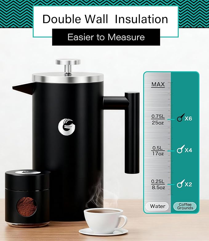 Coffee Gator 304 Grade Stainless Steel French Press Coffee Maker 34 oz Double Wall Insulated Hot Cold Brew Teapot with 4-Level Filtration System Include Travel Jar Canister Rust-Free Travel Black