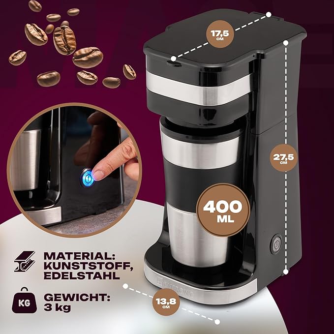 Clatronic Coffee Machine with Coffee To Go Mug 400 ml Suitable for All Standard Drink Holders (e.g. Car) Filter Coffee Machine with Stainless Steel Cup and Aroma Lid Coffee Machine Small KA 3733
