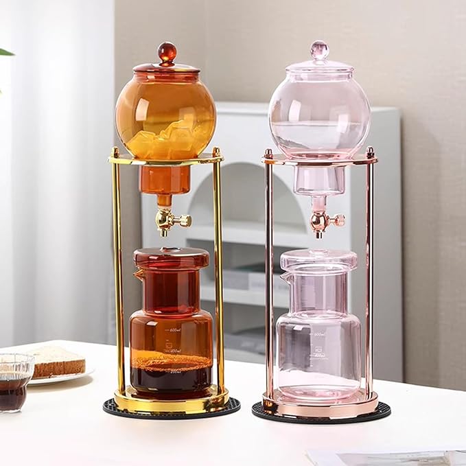 Cold Brew Coffee Tower Ice Drip Coffee Machine with Slow Drip Technology Metal Bracket 600ml Large Capacity Glass Pot for Home Office 4-6 Cups