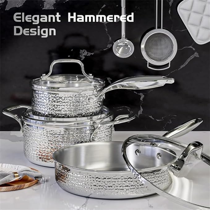Stainless Steel Hammered Pots and Pans Set with Glass Lid 6Pcs Cookware Set Kitchen Induction Cooking Pot and Pan SetHammered 6PcsOne-Hammered 6pcs-One