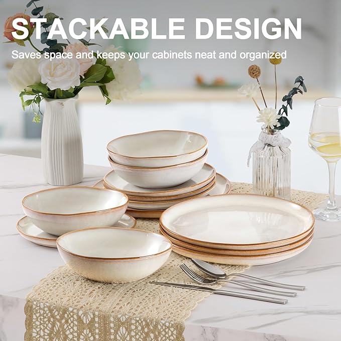 Vesteel Dinnerware Set for 4 12 Pieces Premium Stoneware Plates and Bowls Set Handmade Reactive Glaze Dishes for Home Chip &amp Scratch Resistant Microwave and Dishwasher Safe - Pearl White