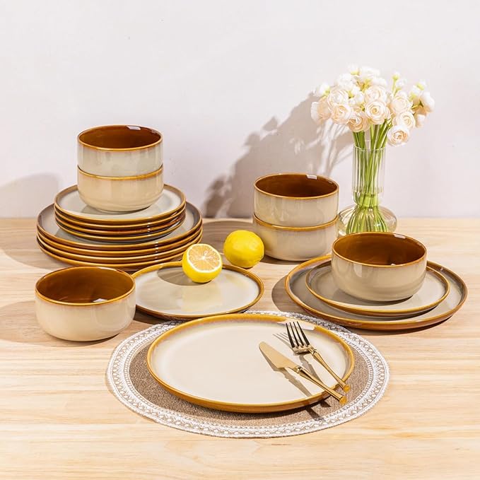 LERATIO Ceramic Dinnerware Sets for 8Plates and Bowls SetsReactive Glaze Dishes SetHighly Chip and Crack Resistant | Dishwasher &amp Microwave &amp Oven Safe Dishes setService for 8-Kahki (24pc)