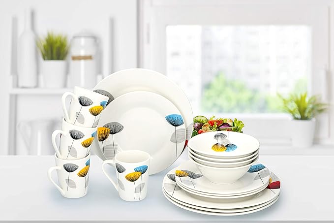 Alpina 16-Piece Ceramic Dinnerware Set - 4 People - White Yellow Blue - Floral Pattern - Microwave &amp Dishwasher Safe