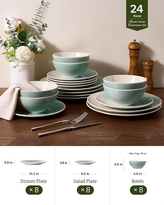 Famiware Glacier Dinnerware Sets Plates and Bowls Dish Sets for 8 (24 Pieces) Stoneware Tableware - Dishwasher and Microwave Safe Handcrafted Reactive Glaze Aqua