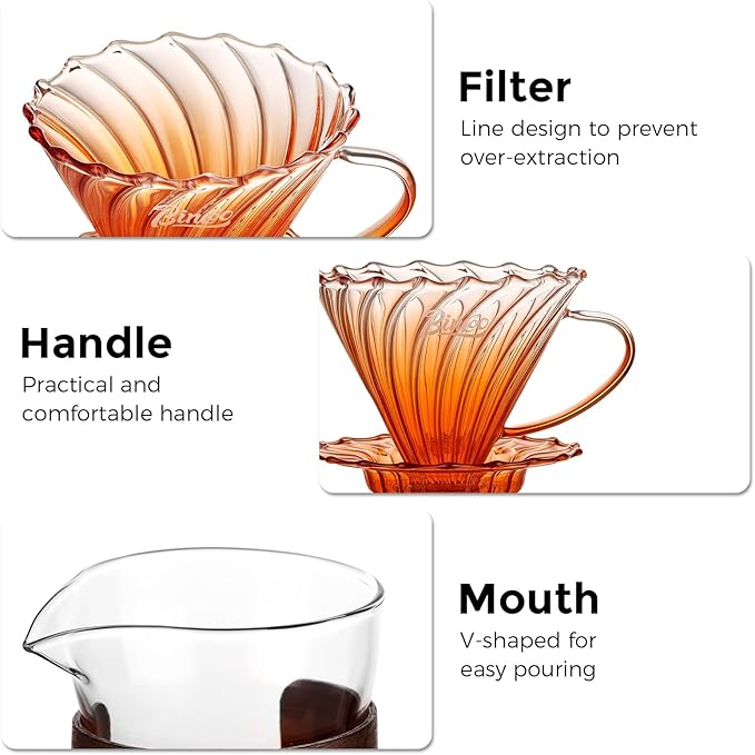 Bincoo Pour Over Coffee Maker Set - 500ML Glass Coffee ServerGlass Carafe with Coffee Dripper and 50PCS Paper Filter Drip Coffee Maker Set for Home Café Restaurant (Orange)
