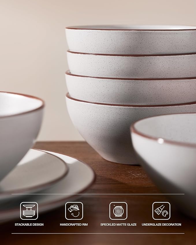 Famiware Venus Speckled Dinnerware Set 24-Piece Stoneware Dishes for 6 Matte Light Gray - Includes Pasta Bowls &amp Dinner Plates for Everyday Meals or Formal Dining Microwave &amp Dishwasher Saf