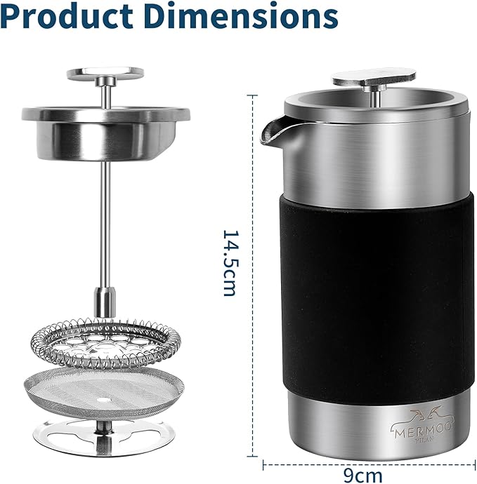 MERMOO YILAN Handleless French Press Coffee Maker - 12 oz Stainless Steel Insulated 3-in-1 Press for Coffee Tea &amp Milk Frother with Detachable Silicone Sleeve | Space Saving Design
