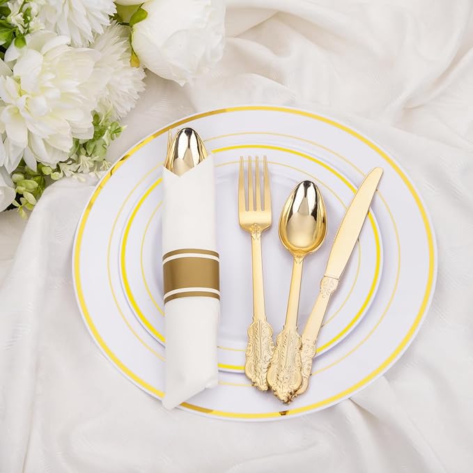 Nervure 400PCS Pre Rolled Gold Plastic Silverware Sets - Heavy Duty Fancy Gold Cutlery - Include 100 Pack Wrapped Disposable Utensils with Napkins for Parties Dinners &amp Weddings