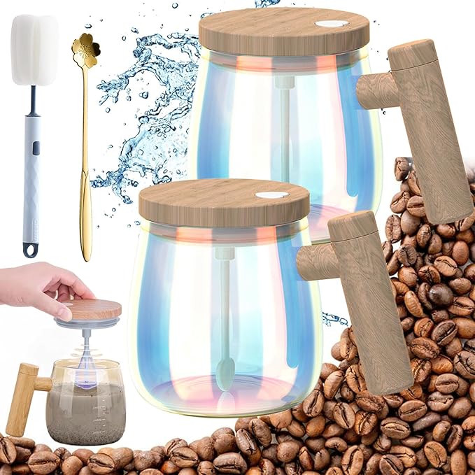 Electric High Speed Mixing Cup 13.5oz 7000 RPM Self Stirring Coffee Mug Heat-Protection Glass Coffee Blender with Lid 45 dB for Office/Travel/Home (Multicolor x 2)