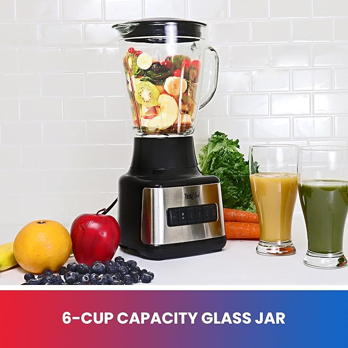 Total Chef Countertop Blender – Electric Mixer for Smoothies Ice Crush &amp Pulse Function Heavy Duty Glass Pitcher licuadora With 6 Speed Kitchen Appliance Dishwasher-Safe Jar Black