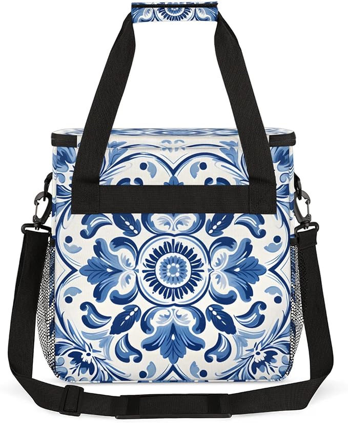 Blue Flower Design Coffee Maker Travel Bag for Keurig K-Mini/K-Mini Plus Insulated Waterproof Tote with Pockets for K-Cup Portable Single-Serve Brewer Case