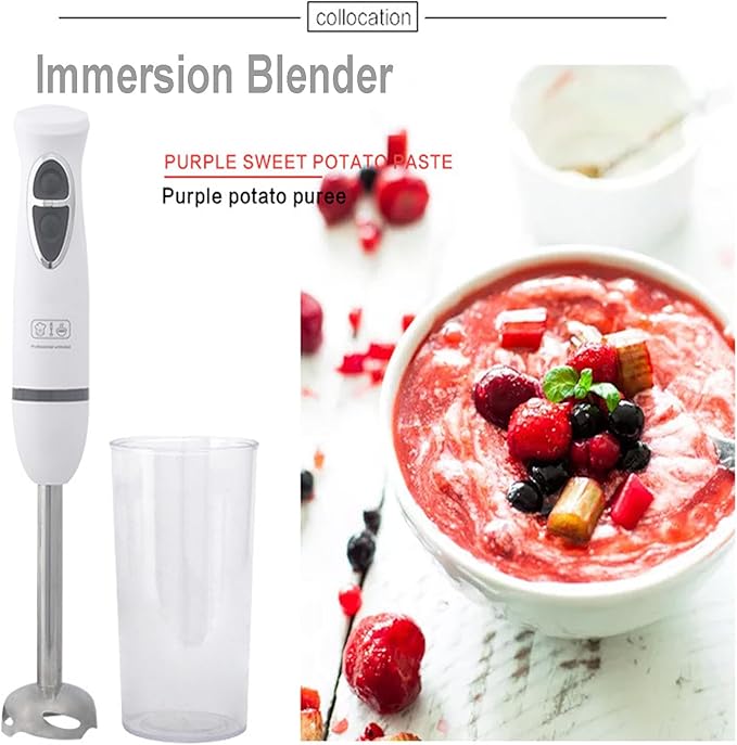 Handheld Immersion Blender 4-in-1 Kitchen Essentials - 2-Speed Electric Whisk with Egg-Beater Muddler Cuisine Cup Chopped Meat Bowl for Sauces and Soups