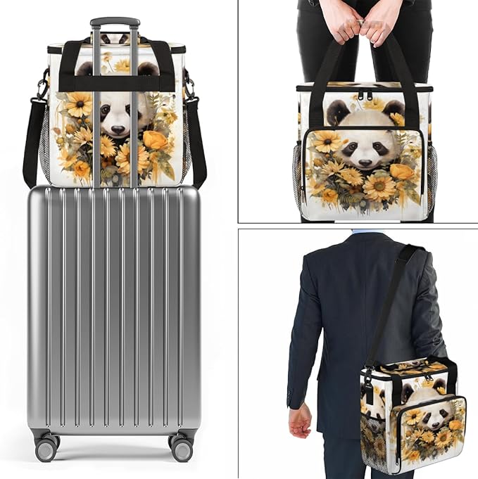 Cute Panda Coffee Maker Carrying Bag Sunflower Garland Travel Storage Bag Compatible with K-Mini or K-Mini Plus Single Serve Coffee Brewer Carrying Case with Multiple Pockets &amp Shoulder Strap