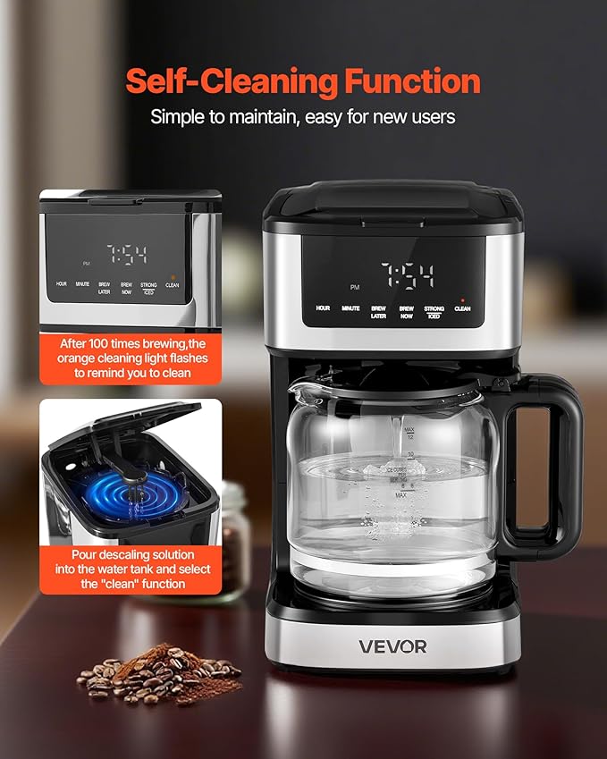 VEVOR Programmable Coffee Maker 12 Cup Programmable Drip Coffee Makers with Touch Screen 4-Hour Keep Warm Coffee Makers Drips 2 Brew Strengths Drip Coffee Machine for Home 24-Hour Programmable
