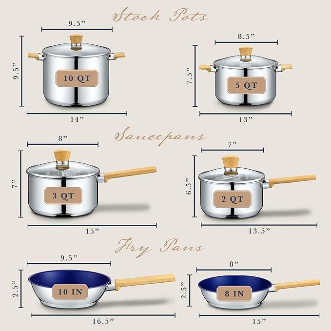 Concord 10 Piece Stainless Steel Cookware Set includes Saucepans Stock Pots and Pans/Skillets