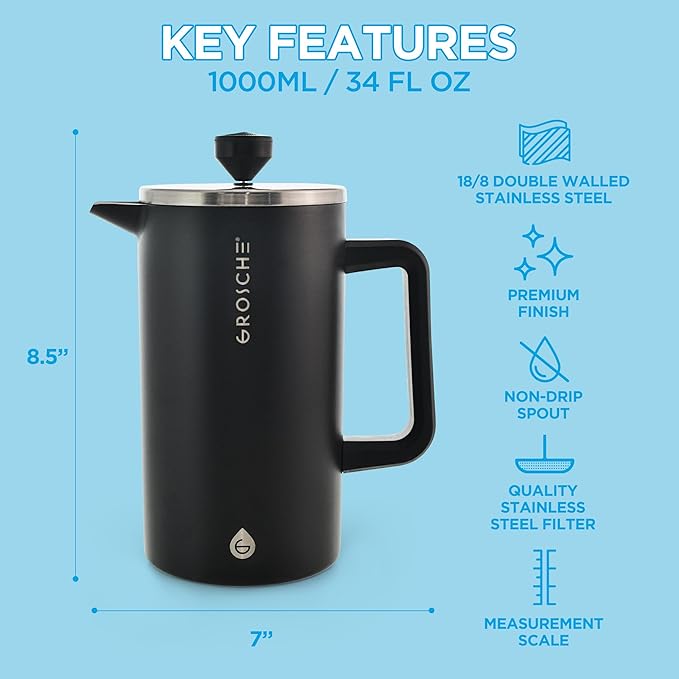 GROSCHE Dub'lin Stainless Steel Coffee Maker French Press 8 Cup | 34 FL Oz Coffee Press 18/8 Double Walled Stainless Steel French Press Coffee Maker - Hot/Cold Brew | Stainless French Press - BLACK